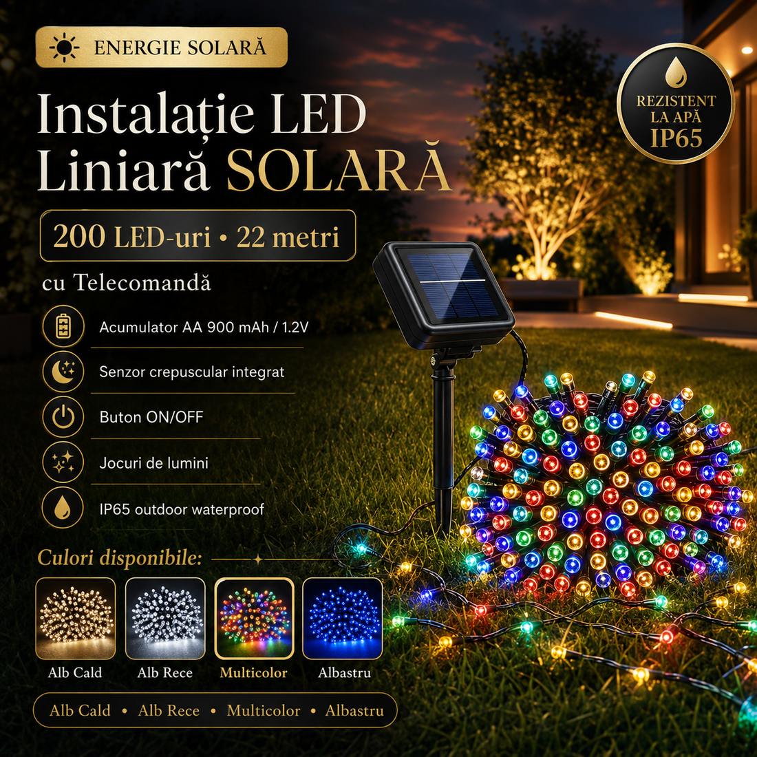 Линейна LED соларна инсталация 200 LED 22m с дистанционно