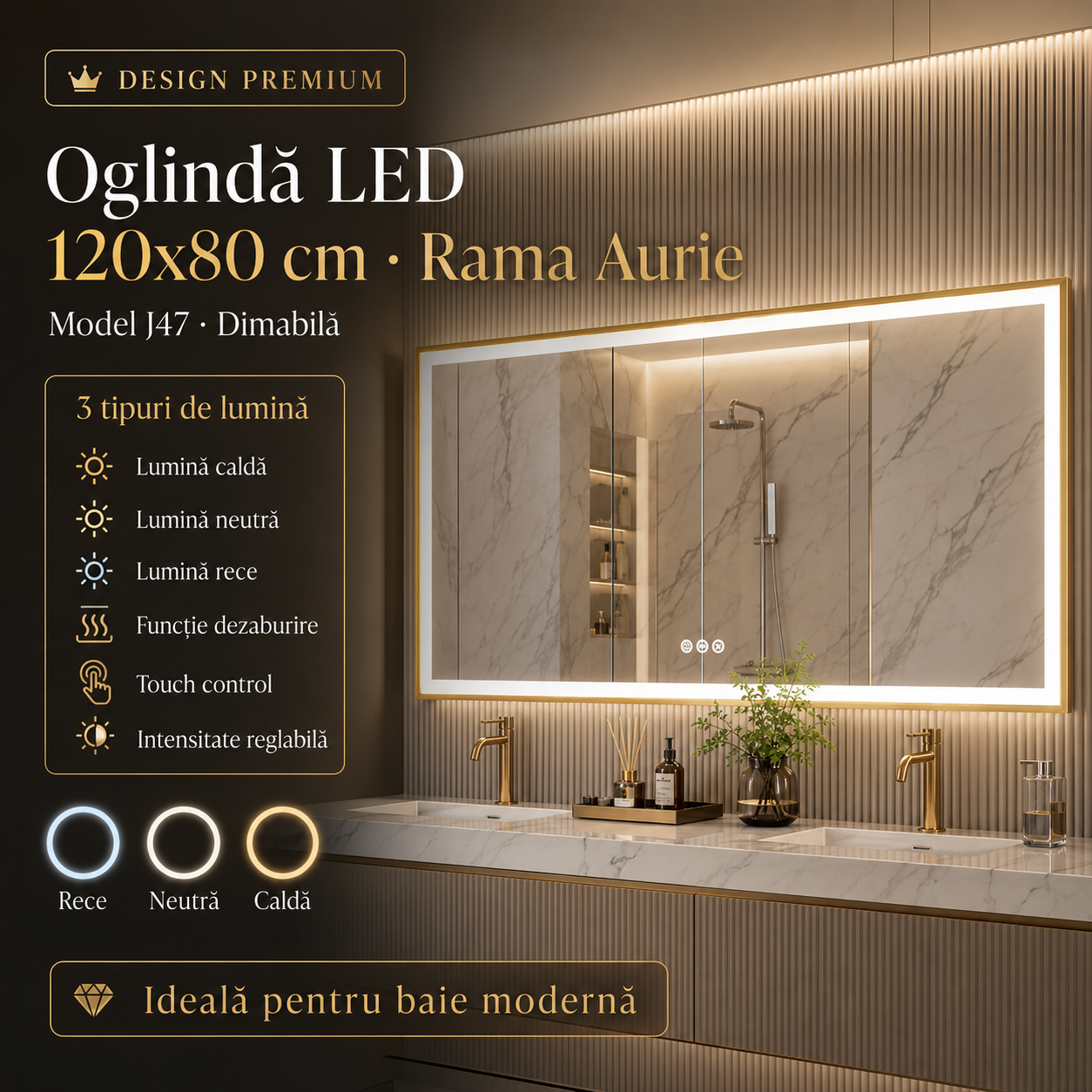 LED огледало 120x80cm със златиста рамка, функция против замъгляване, Touch и часовник J47