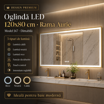 LED огледало 120x80cm със златиста рамка, функция против замъгляване, Touch и часовник J47