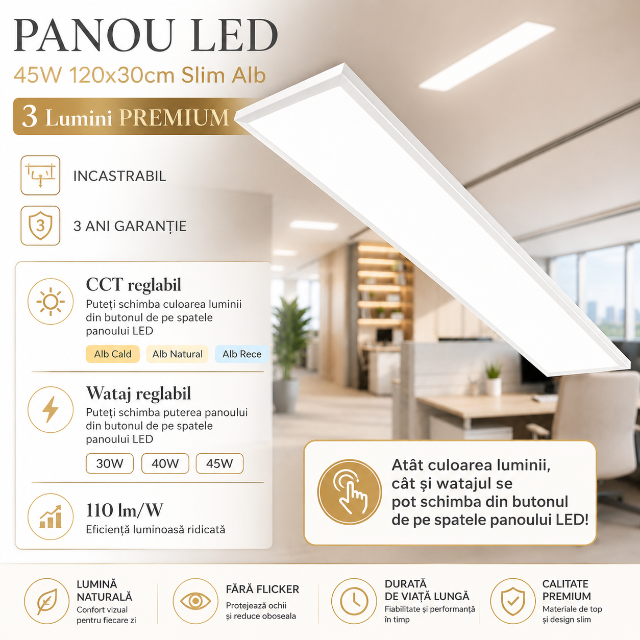 LED панел 40W 120x30cm Slim Бял 3 вида светлина PREMIUM