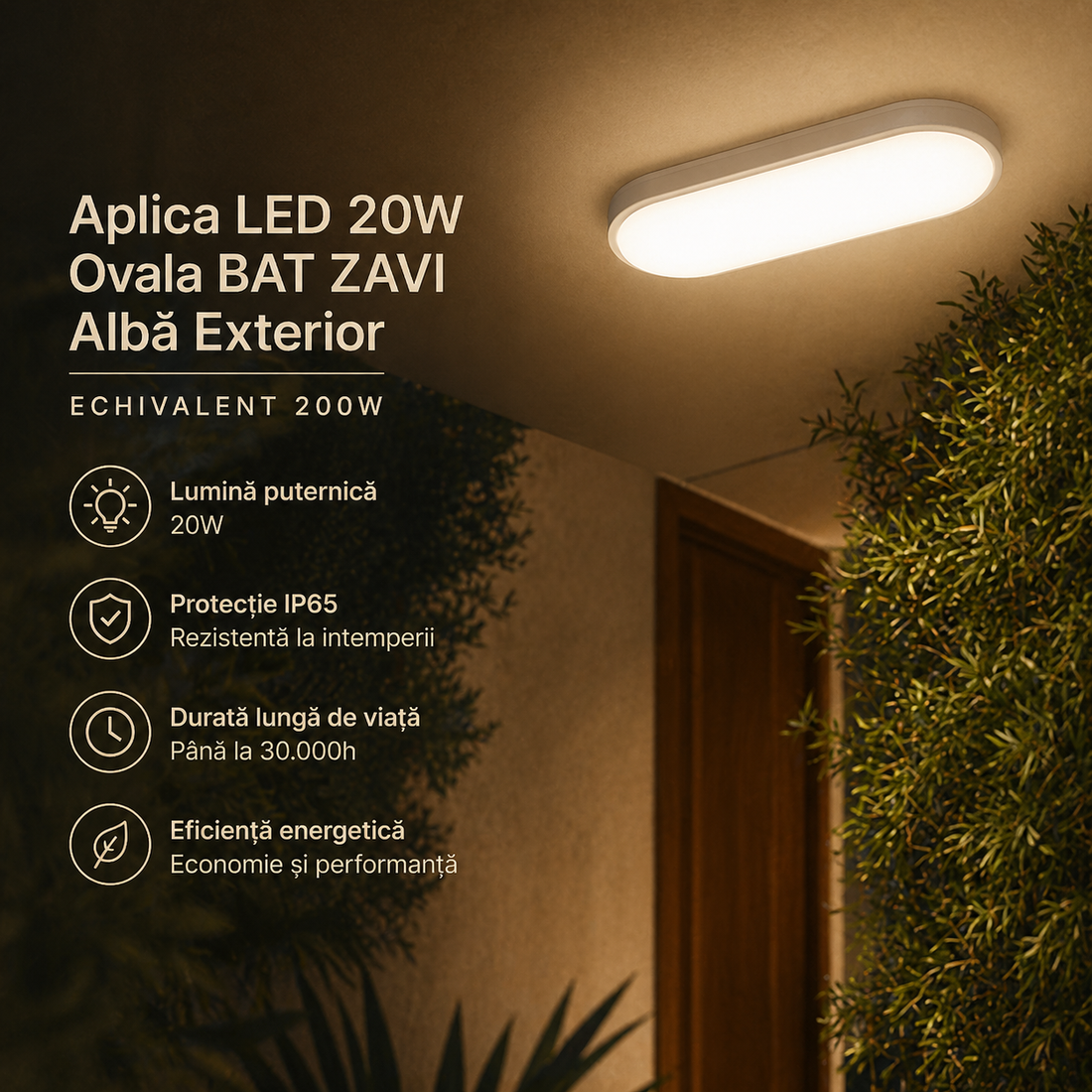 LED аплик 20W овален BAT ZAVI бял външен еквивалент 200W