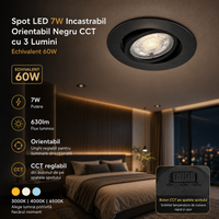 LED спот 7W вграден, насочваем, черен, CCT с 3 вида светлина, еквивалент 60W