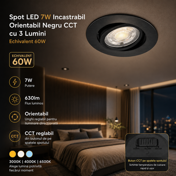 LED спот 7W вграден, насочваем, черен, CCT с 3 вида светлина, еквивалент 60W