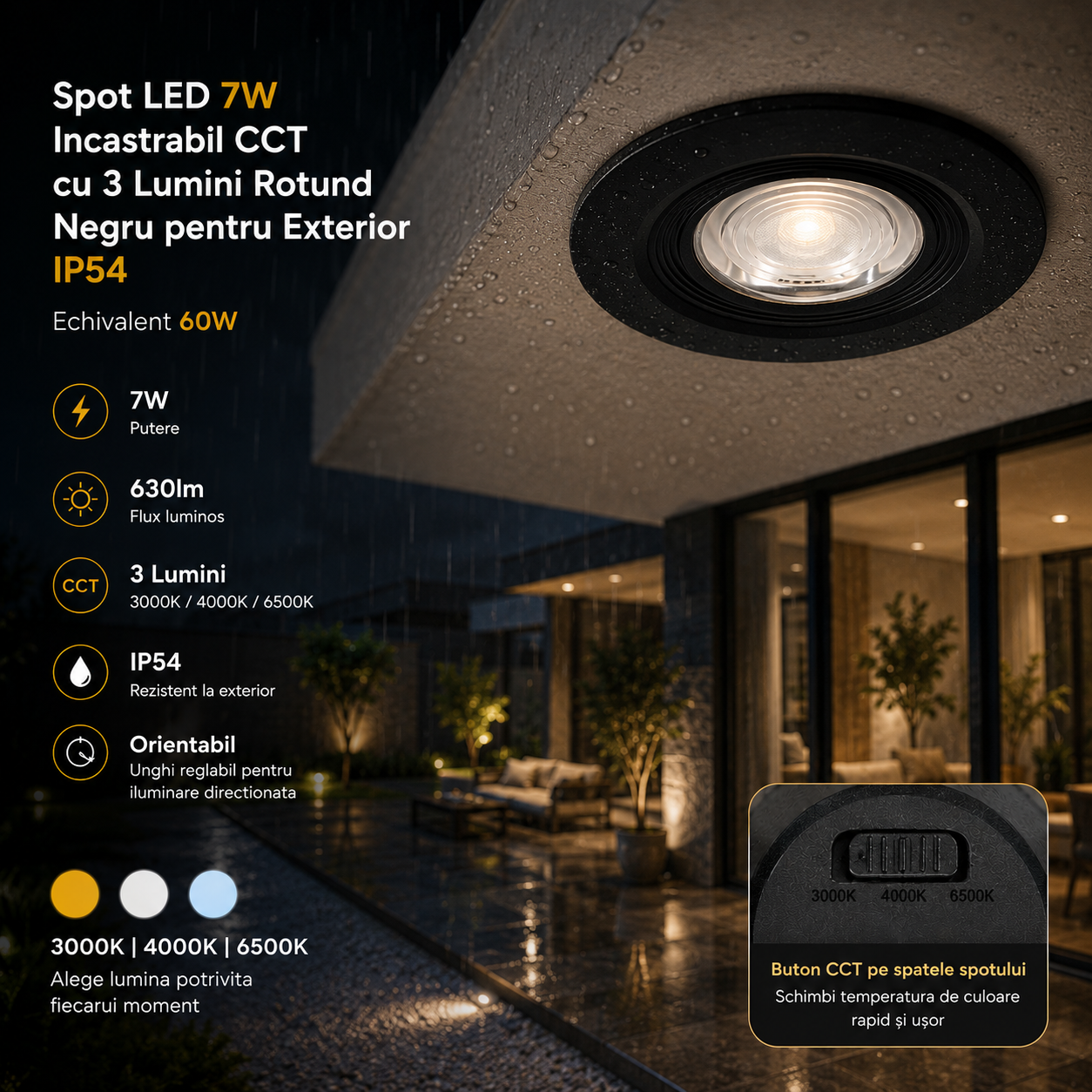 Вграден LED спот 7W CCT с 3 вида светлина, кръгъл, черен, за външна употреба IP54
