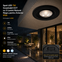 Вграден LED спот 7W CCT с 3 вида светлина, кръгъл, черен, за външна употреба IP54