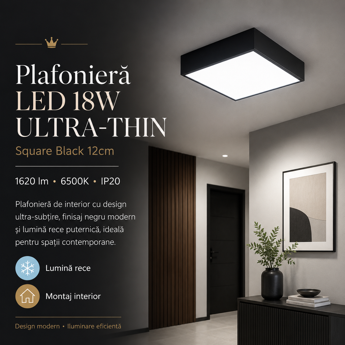 LED плафон ULTRA-THIN BLACK квадратен 18W, еквивалентен на 200W