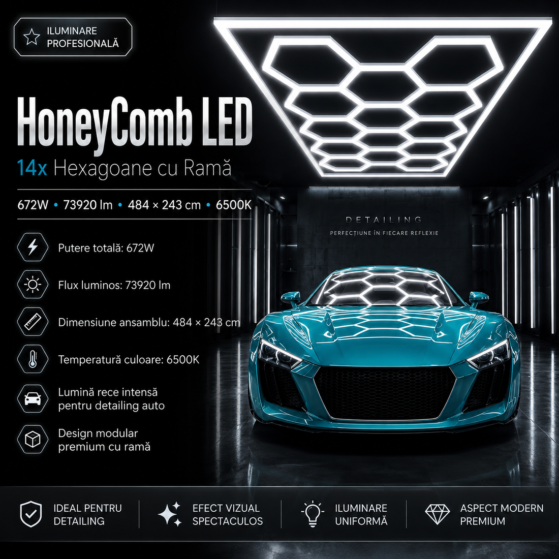 HoneyComb LED 14 светещи шестоъгълника с рамка 672W 484 X 243 CM