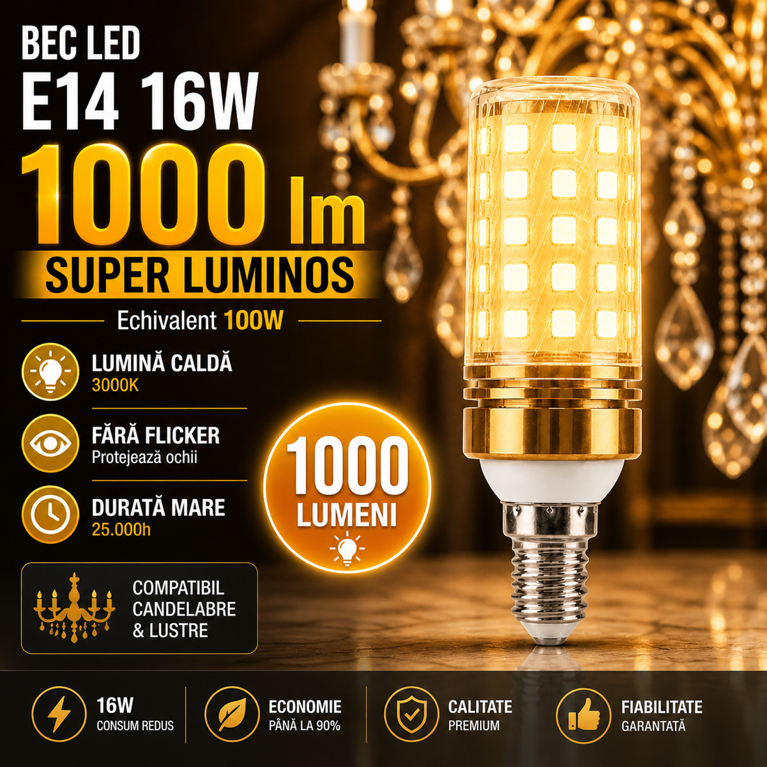 LED крушка E14 16W тип Corn / Топла светлина / Еквивалент 100W