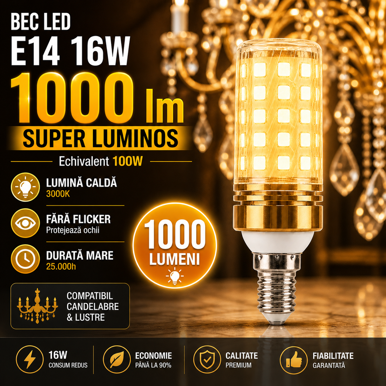 LED крушка E14 16W тип Corn / Топла светлина / Еквивалент 100W