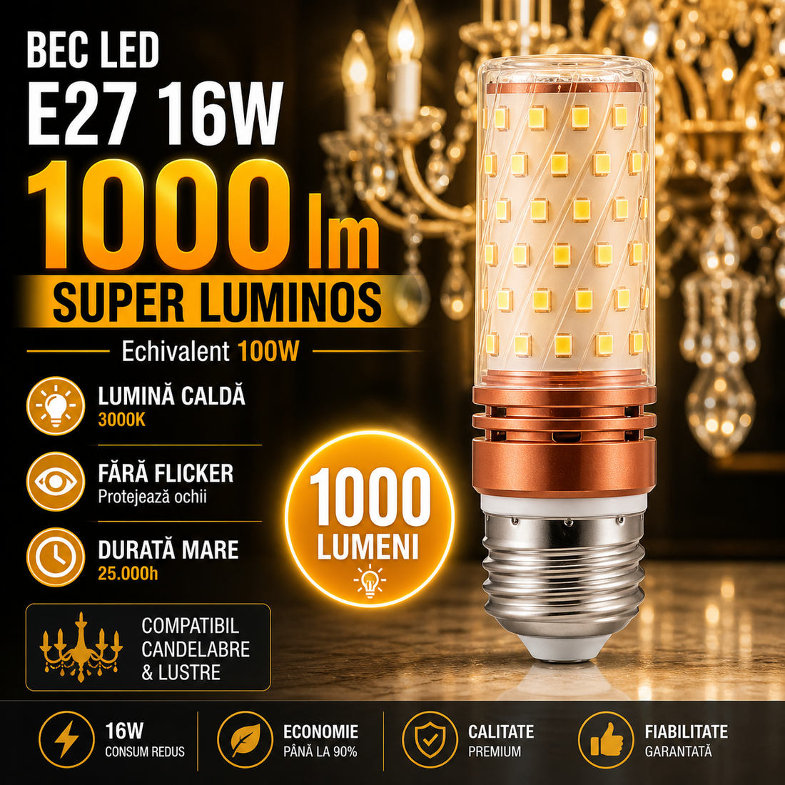 LED крушка E27 16W Corn / Топла светлина / Еквивалент 100W