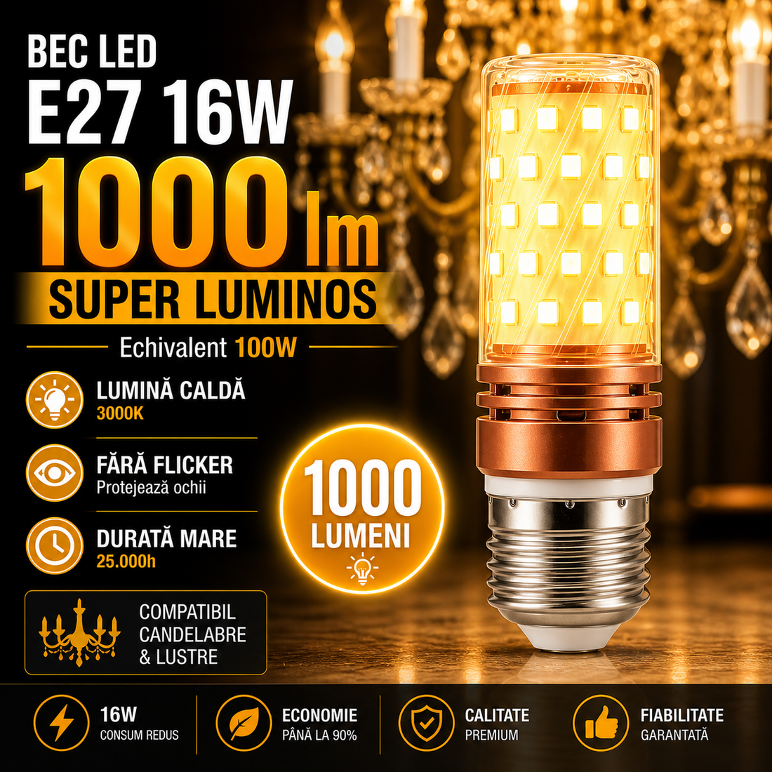 LED крушка E27 16W Corn / Топла светлина / Еквивалент 100W