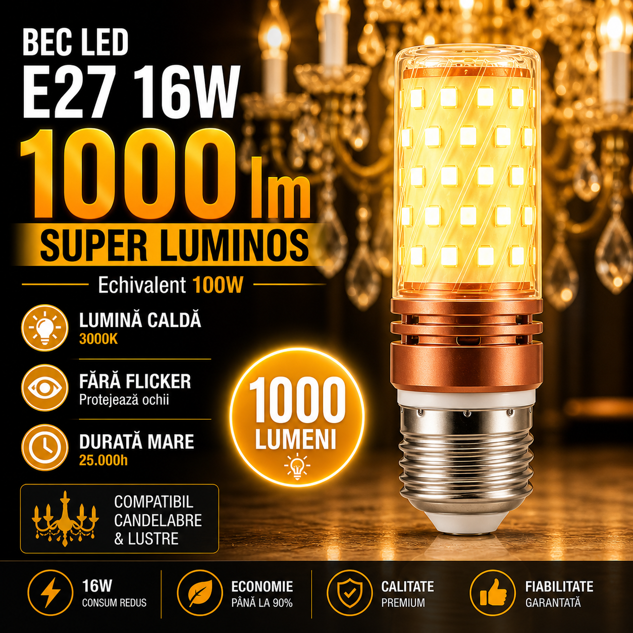 LED крушка E27 16W Corn / Топла светлина / Еквивалент 100W