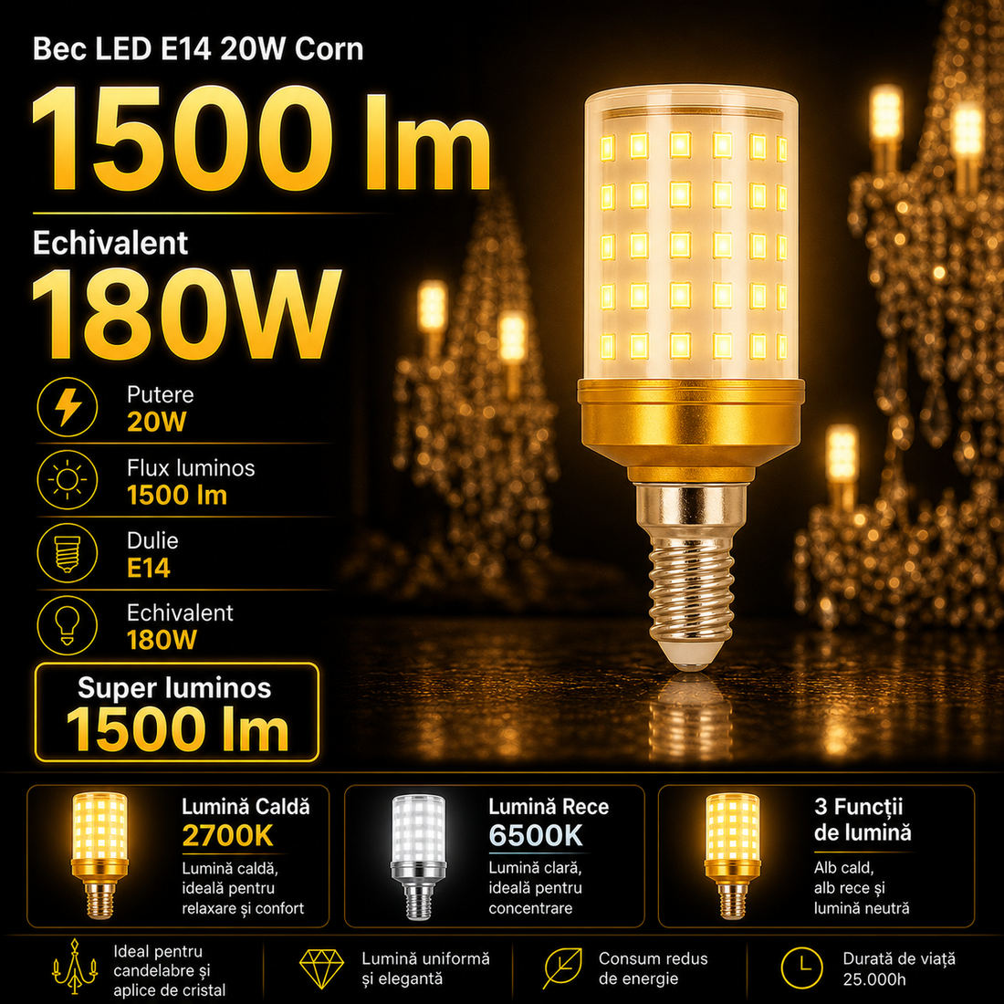 LED крушка E14 20W Corn еквивалент 180W