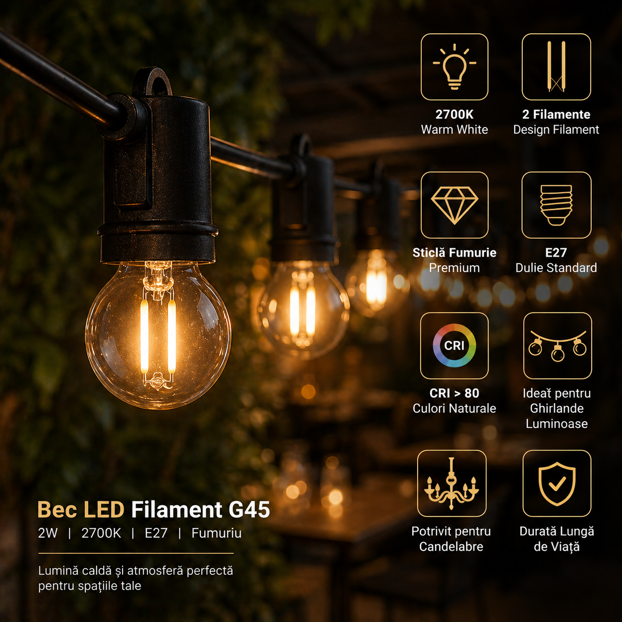 LED крушка E27 2W Филамент G45 за гирлянд
