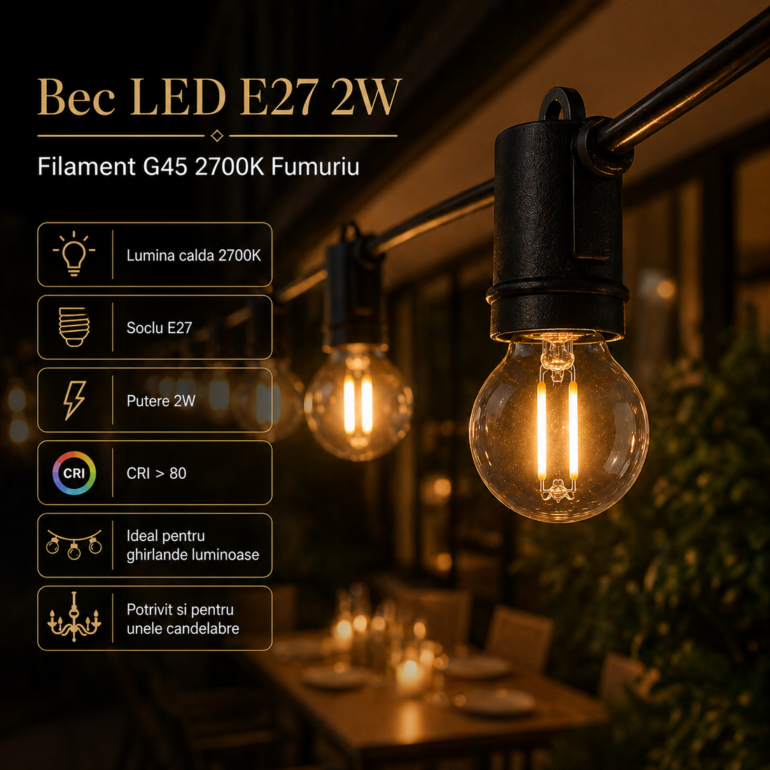 LED крушка E27 2W Филамент G45 за гирлянд