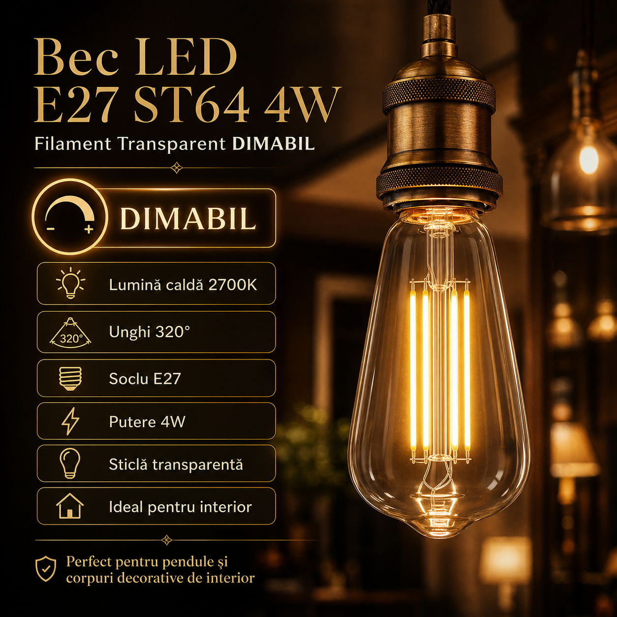LED крушка E27 4W Филамент ST64 ДИМИРАЩА