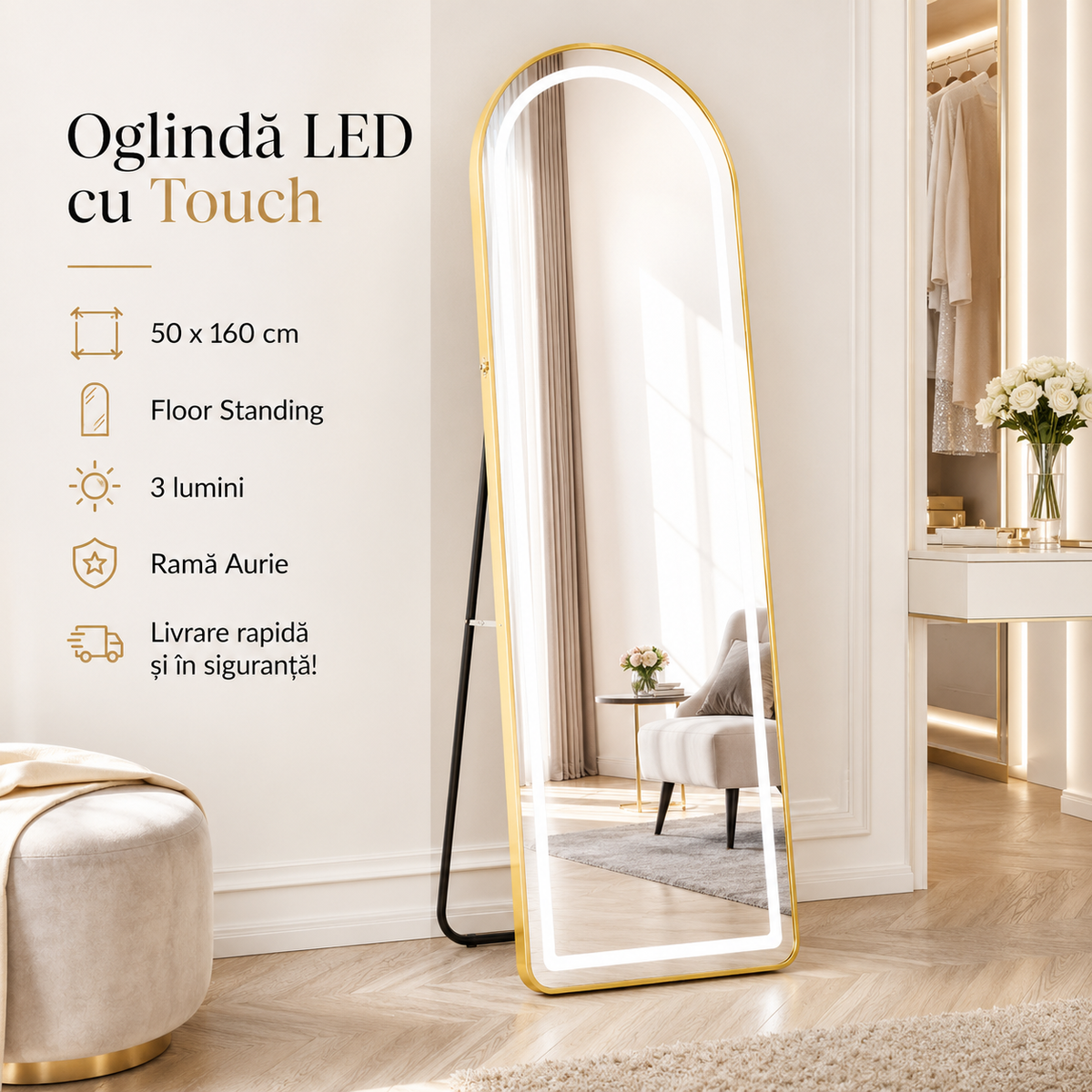 LED огледало с Touch 50x160cm свободностоящо, златисто Arque