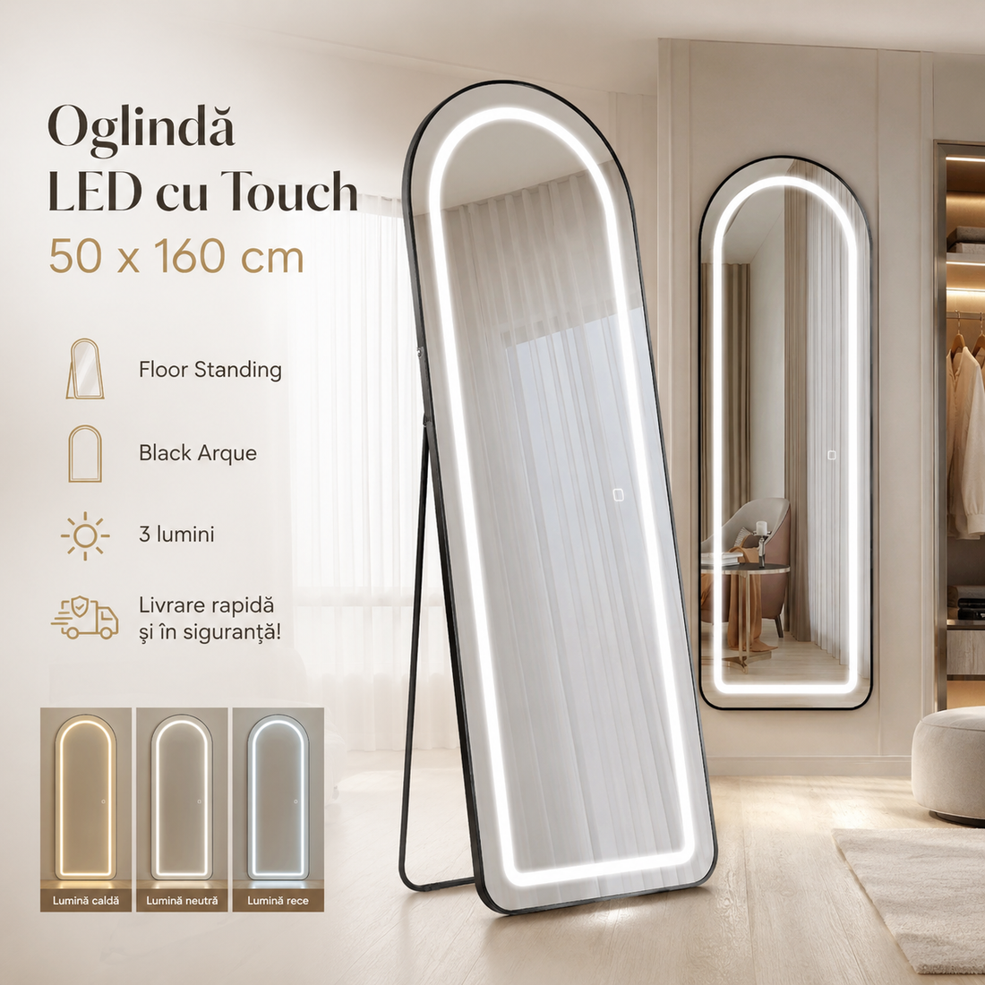 LED огледало с Touch 50x160cm свободностоящо черно Arque