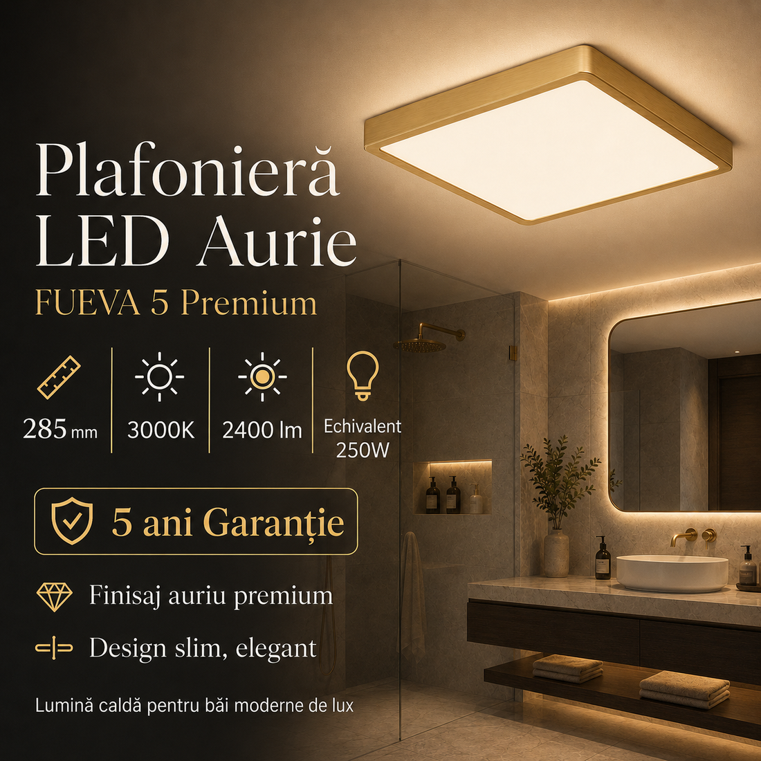 LED плафон златист 285mm, 3000K, еквивалент 250W FUEVA 5