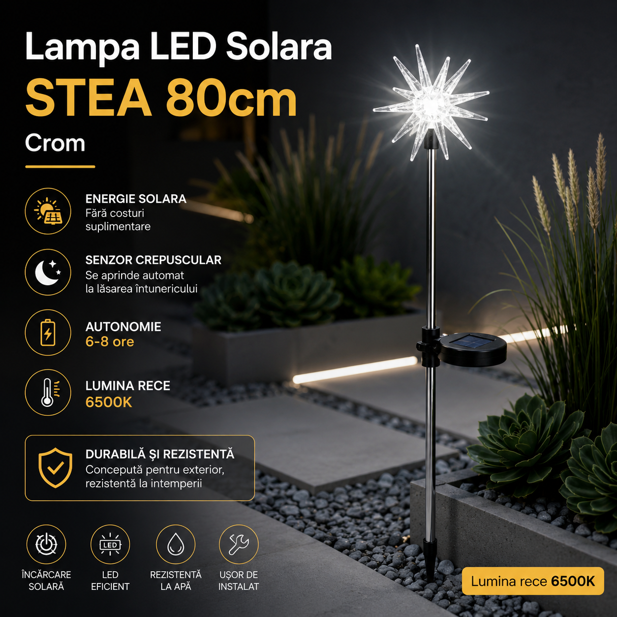 Соларна LED лампа STEA, 80 cm, Хром, RGB