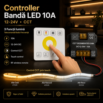 Контролер за LED лента 10A, 12-24V, CCT, 3 функции светлина, RF дистанционно