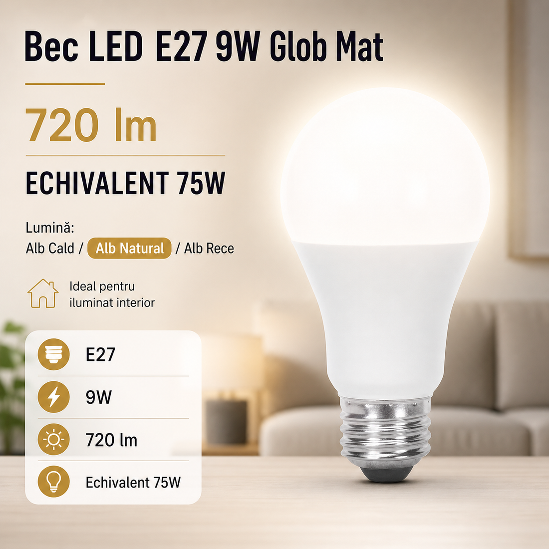 LED крушка E27 9W матов глобус