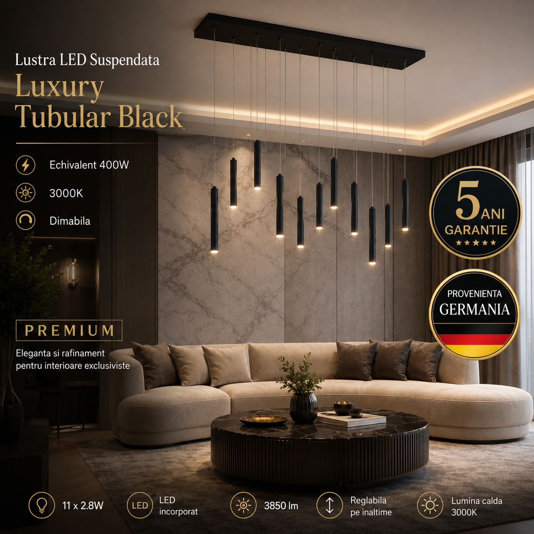 LED осветително тяло висящо Luxury Tubular Black еквивалент 400W