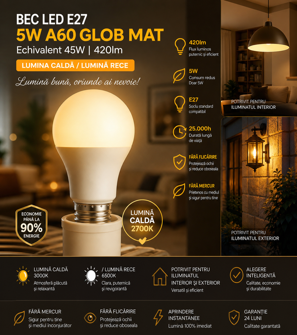 LED крушка E27 5W A55 матов глобус