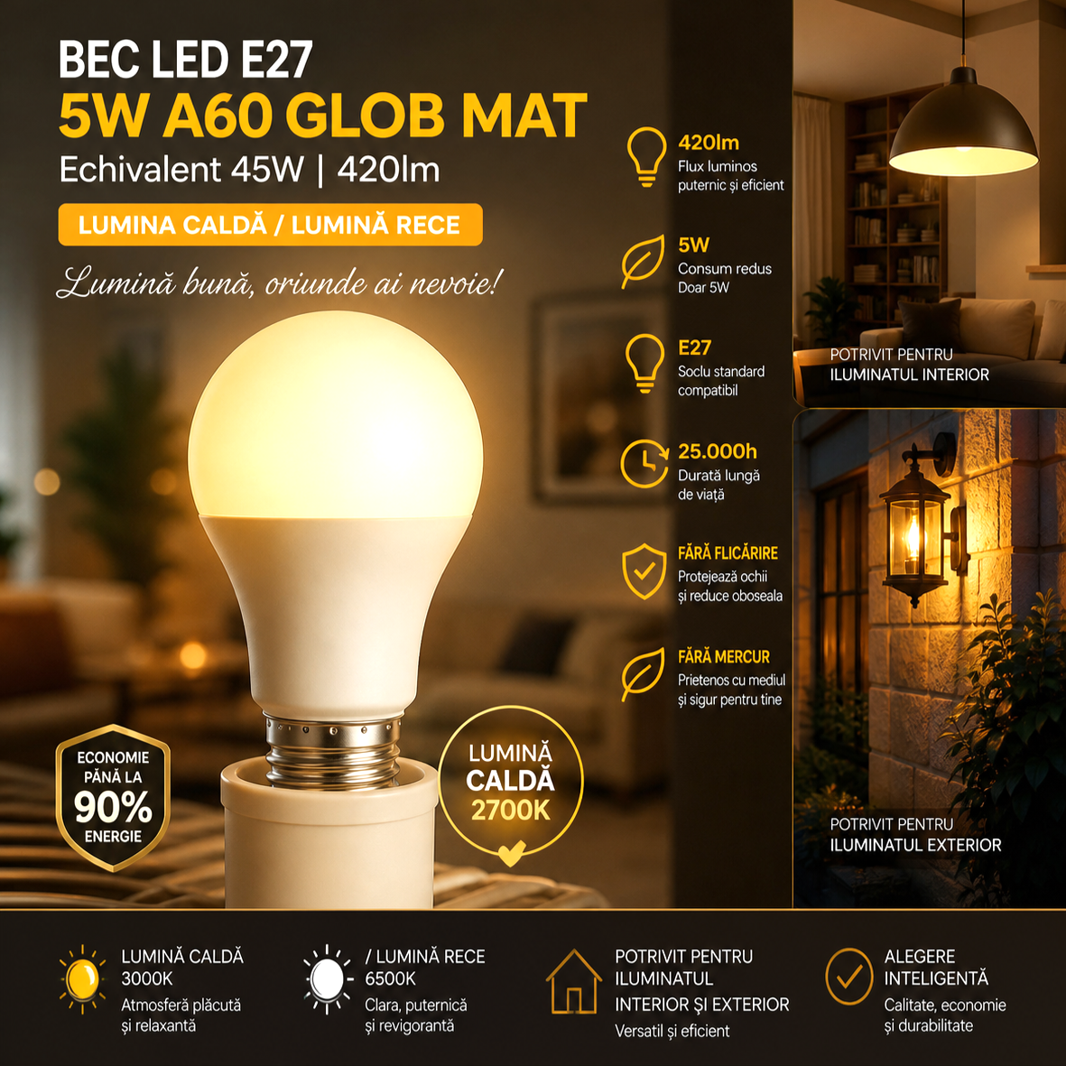 LED крушка E27 5W A55 матов глобус