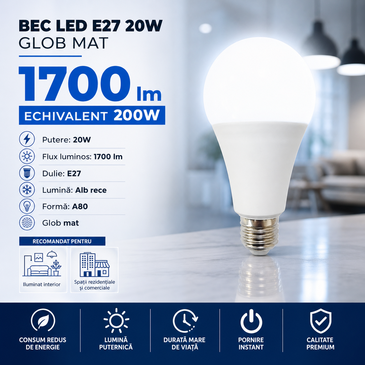 LED крушка E27 20W A80 матов глобус