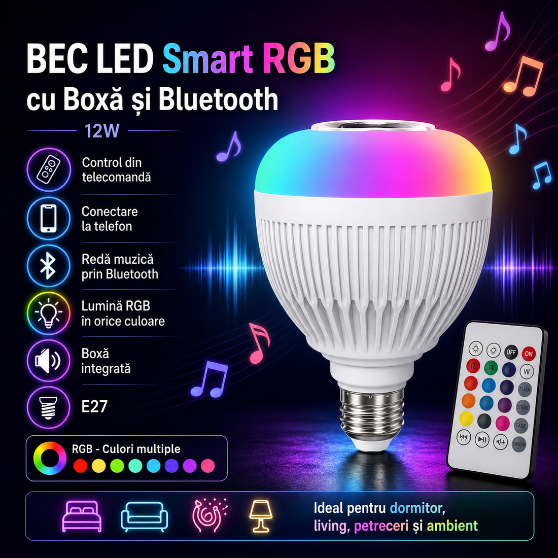 Смарт LED RGB крушка с високоговорител, Bluetooth и дистанционно