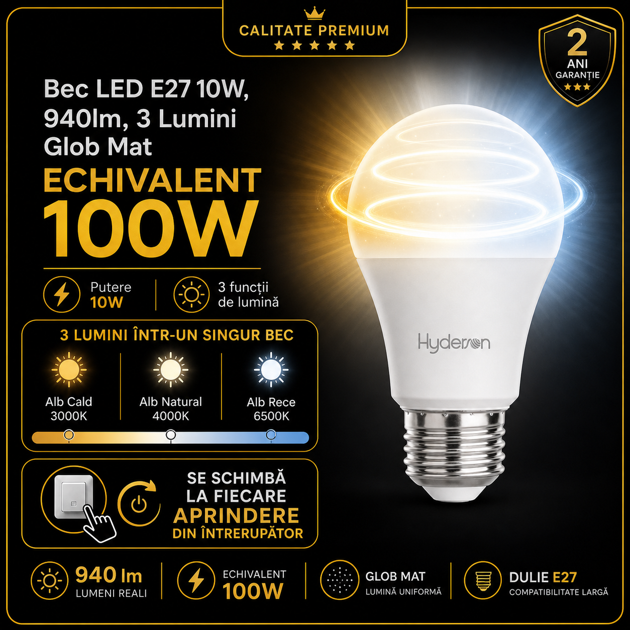 LED крушка E27 10W 3 функции матов глобус