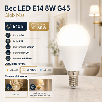 LED крушка E14 8W G45 матов глобус