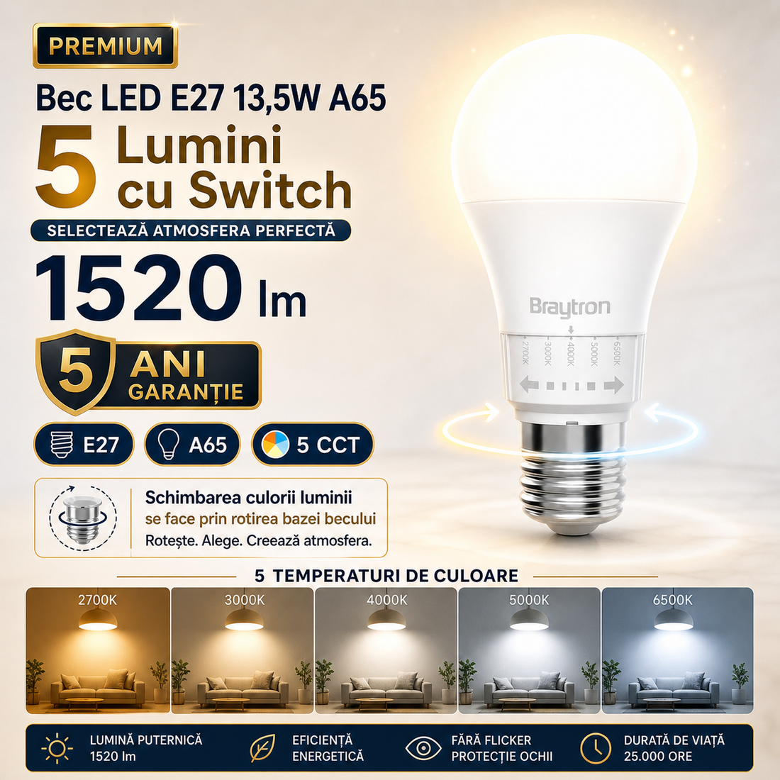 LED крушка E27 13,5W A65 5 цвята светлина със суич 1520lm 5 години гаранция