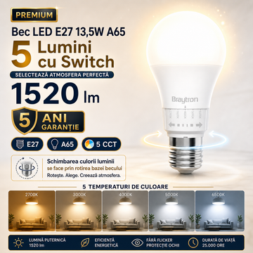 LED крушка E27 13,5W A65 5 цвята светлина със суич 1520lm 5 години гаранция