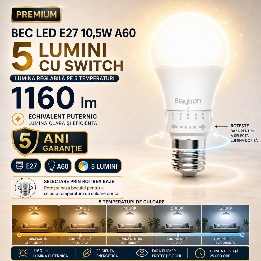 LED крушка E27 10,5W A60 5 вида светлина със суич 1160lm 5 години гаранция