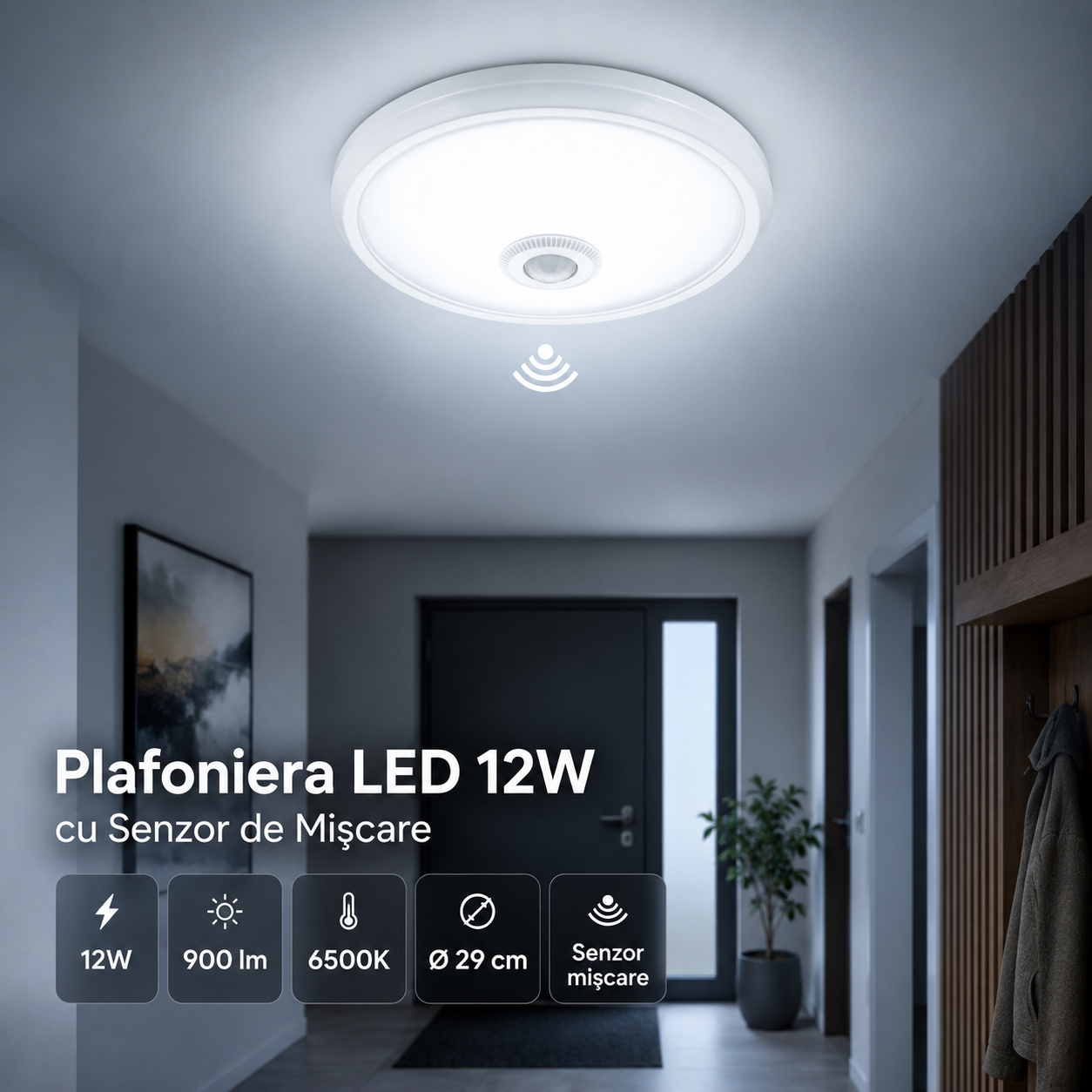 LED плафон 12W с датчик за движение, еквивалентен на 75W