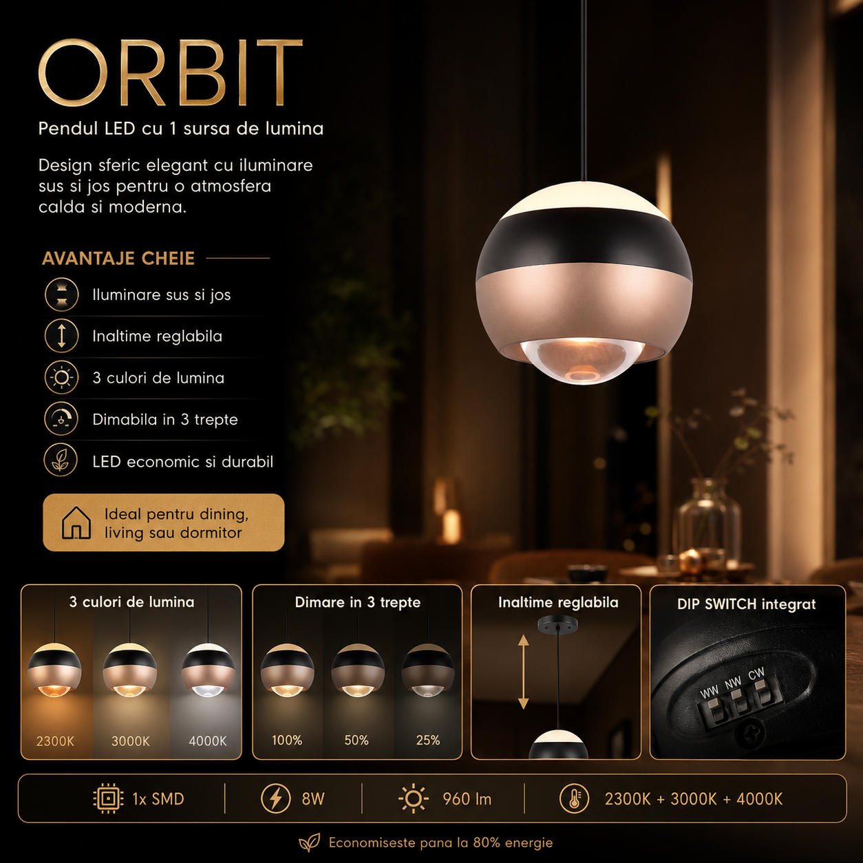 Пендел LED Orbit Pull Down 3 вида светлина от бутон, димируем