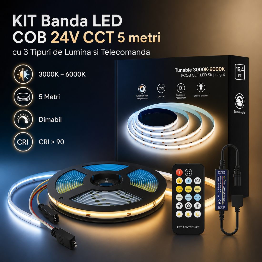 КОМПЛЕКТ LED лента COB 24V CCT 5 метра с 3 вида светлина и дистанционно