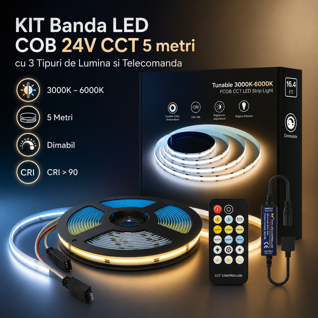 КОМПЛЕКТ LED лента COB 24V CCT 5 метра с 3 вида светлина и дистанционно