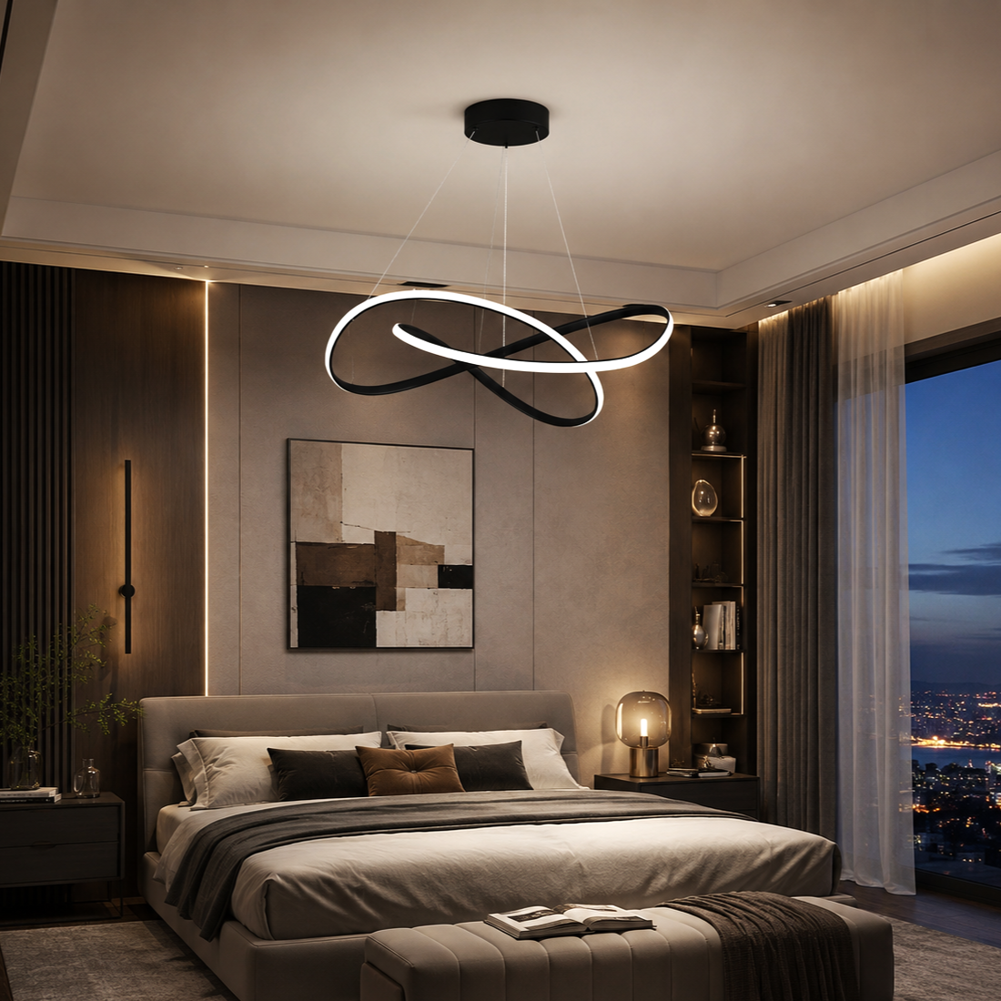 LED осветително тяло тип пендел INFINITY Black с дистанционно, еквивалент на 500W