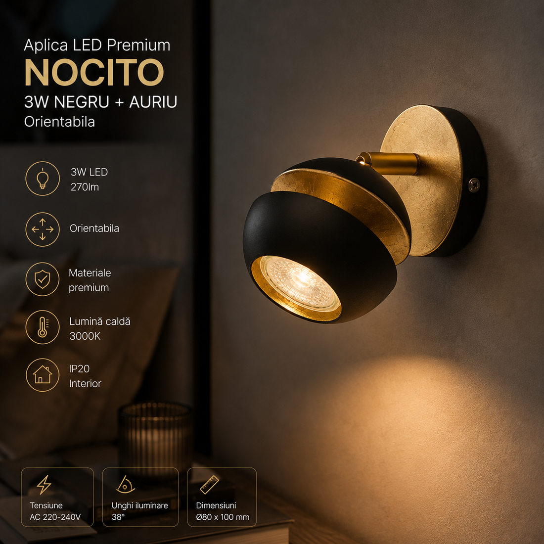 LED аплик NOCITO 3W ЧЕРЕН+ЗЛАТЕН, ориентиращ се