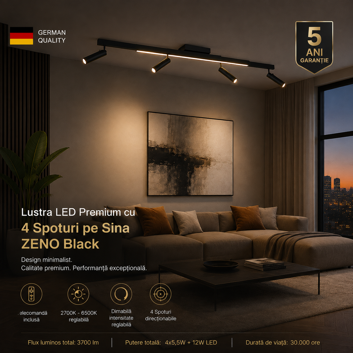 LED осветително тяло с 4 спота на шина ZENO Black с дистанционно