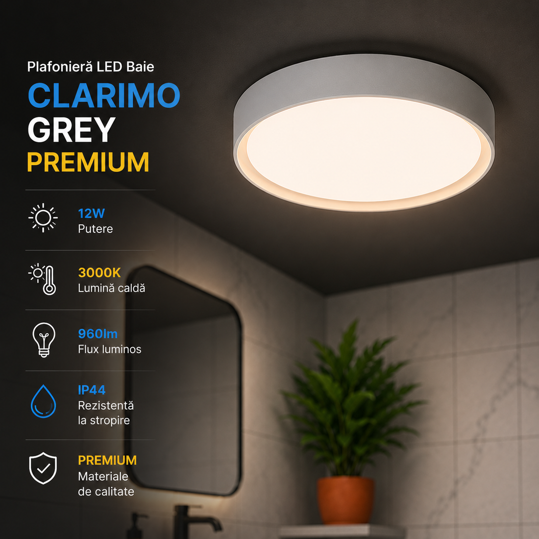 LED плафон за баня IP44 Clarimo Grey 12W еквивалент 100W