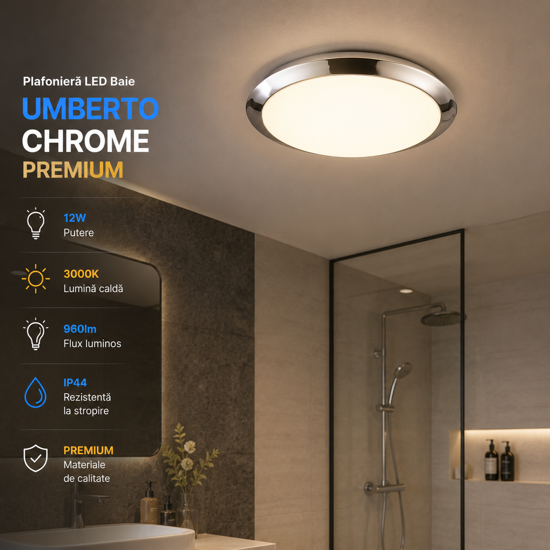 LED плафон за баня IP44 Umberto Хром 12W Еквивалент 100W