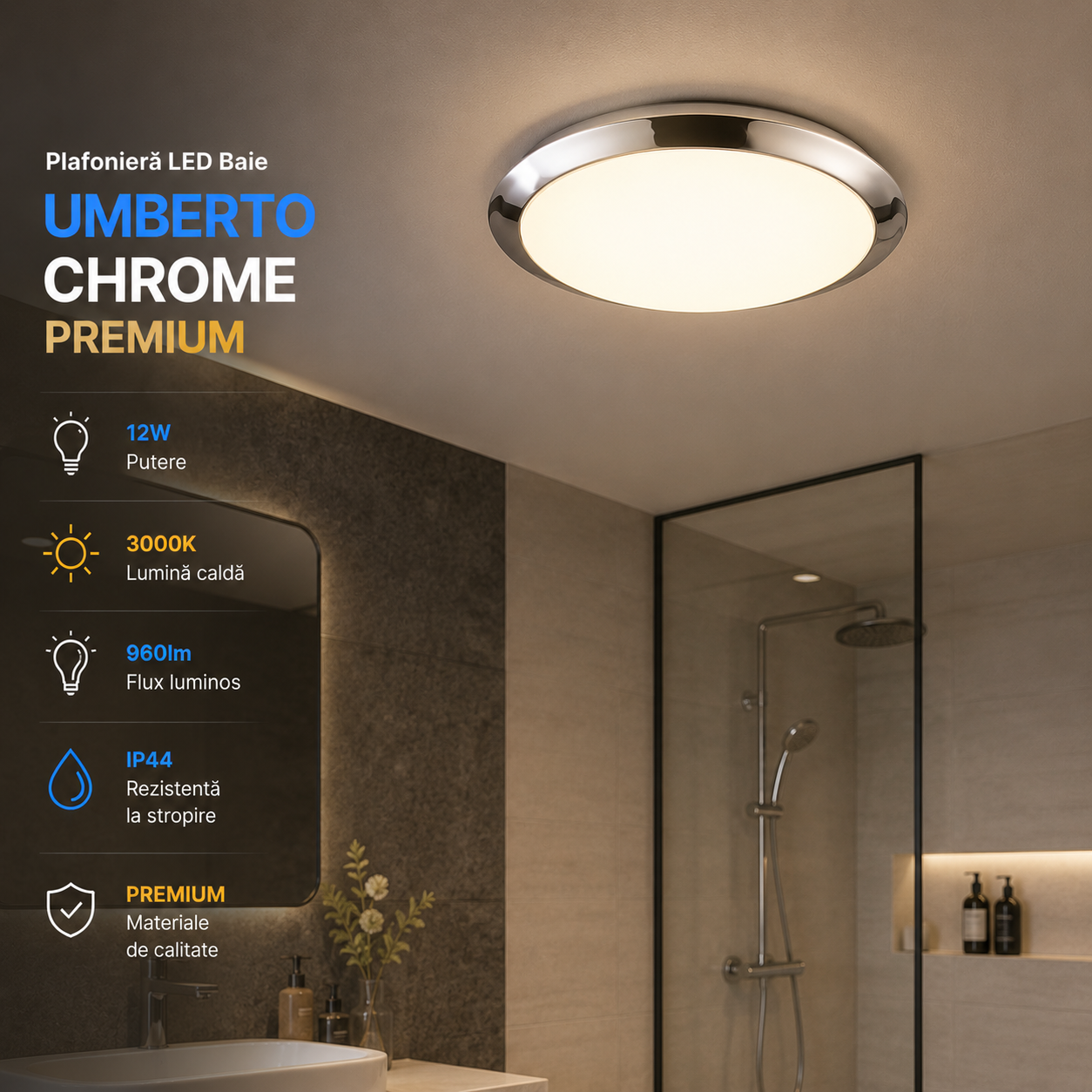 LED плафон за баня IP44 Umberto Хром 12W Еквивалент 100W