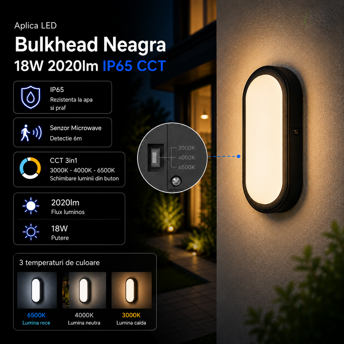 LED плафон Bulkhead бял 18W 2020lm IP65 CCT