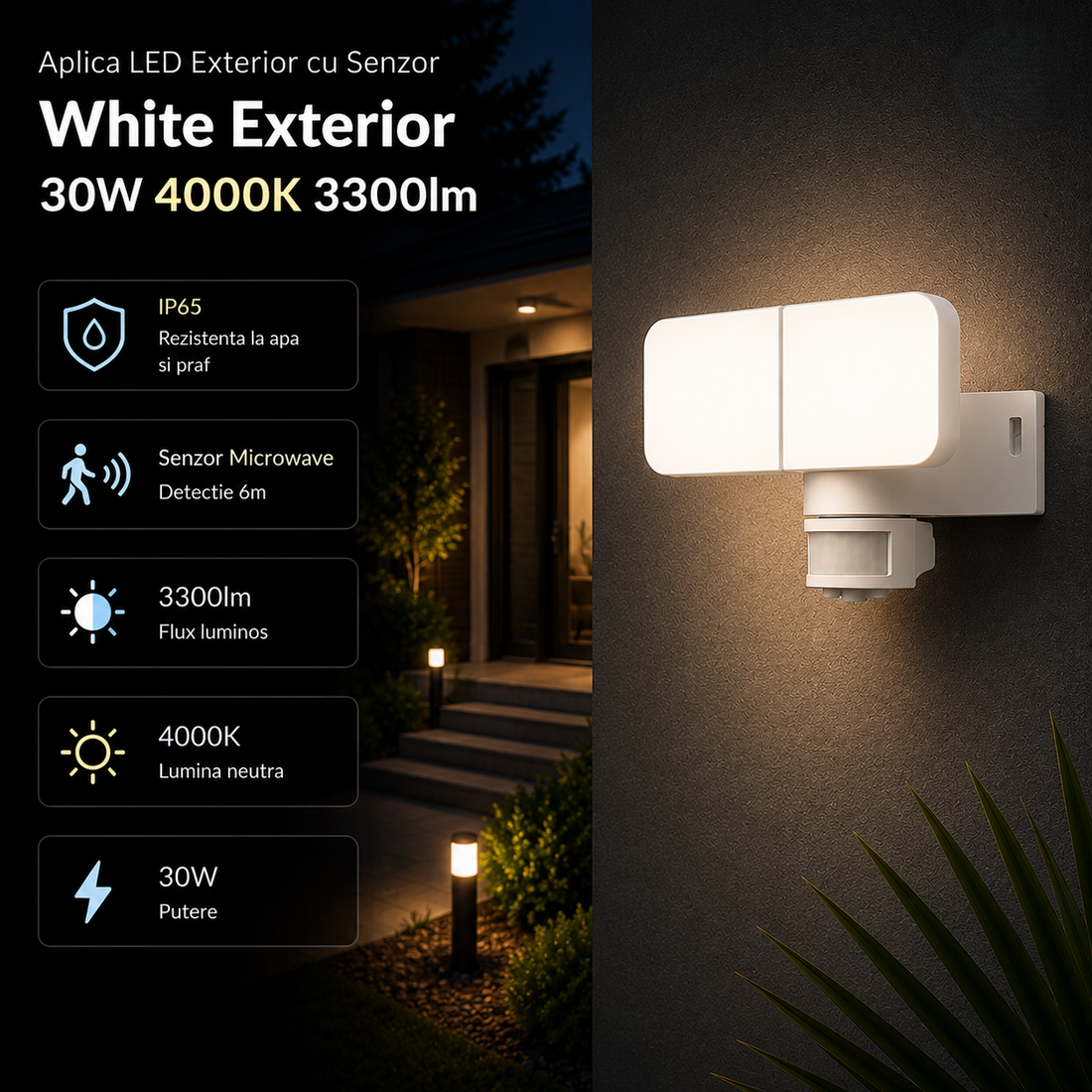 Аплик LED за външен монтаж White 30W със сензор PIR