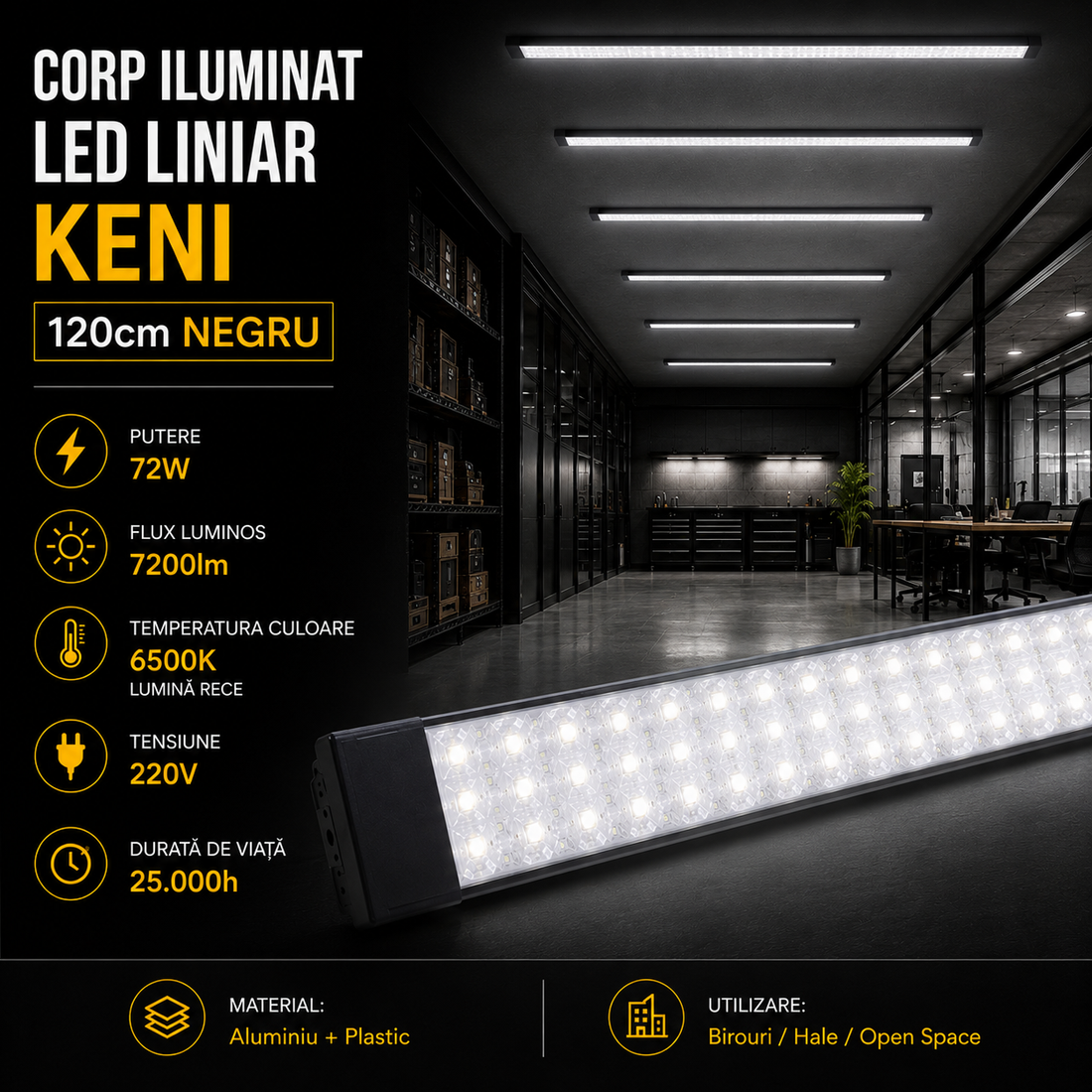 Линеен LED осветителен корпус KENI 120cm черен 72W