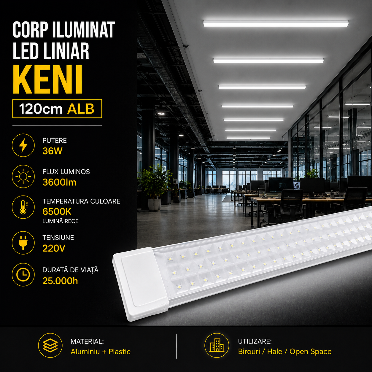 Линеен LED осветителен корпус KENI 120cm Бял, еквивалент 700W